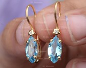 Natural 2.50 Ct. Marquise Shape Blue Topaz Gemstone SI Clarity G-H Color Diamond Hook Earrings Handmade Fine Princess Jewelry