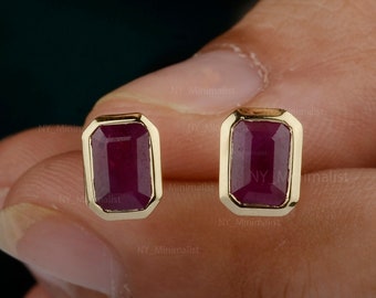 14K Gold Emerald Cut Ruby Stud Earrings: July Birthstone