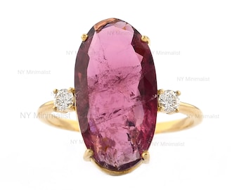 Genuine Pink Tourmaline SI G-H Diamond Statement Ring 4.5 Ct. Large Oval Solid 14K Yellow Gold Fine Wedding Engagement Jewelry Special Gift