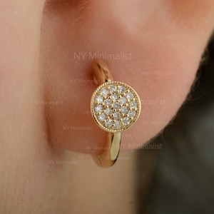 Genuine Diamond Huggie Hoops/ 14K Gold Huggie Earrings/ Pave Disc Hoop Earrings by NY Minimalist/ Birthday Gift For Her/ Pair of Earrings