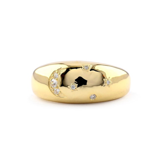 14K Yellow Gold Crescent Moon Ring: Diamond Starburst Pave Dome Ring