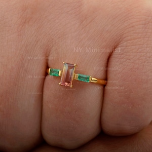 Double Baguette Emerald Ring/ 14K Gold Watermelon Tourmaline Ring/ Genuine Emerald Ring/ Baguette Tourmaline Ring/ NY Minimalist