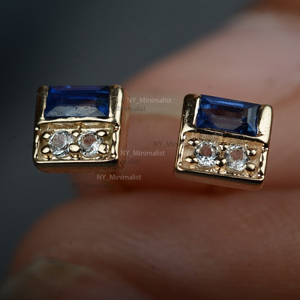 Genuine 0.21 Ct. Baguette Blue Sapphire Gemstone Real SI Clarity G-H Color Diamond Solid 14K Yellow Gold Minimalist Stud Earrings Gift Ideas