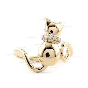 Real Diamond Pave Cat Ring, Solid 18K Yellow Gold Kitten Ring, Statement Ring, Animal Jewelry Gift For Her, Cat Lover Ring
