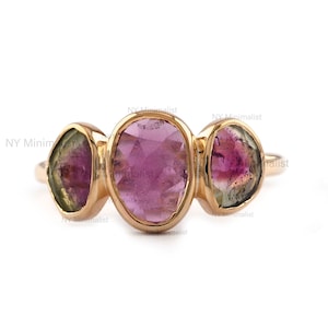 Watermelon Tourmaline Ring: 14K Gold Three Stone Gemstone Ring