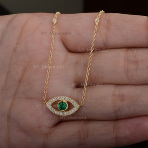 Emerald Diamond Evil Eye Necklace: 14k Solid Yellow Gold Good Luck Jewelry