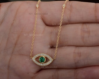 Emerald Diamond Evil Eye Necklace: 14k Solid Yellow Gold Good Luck Jewelry