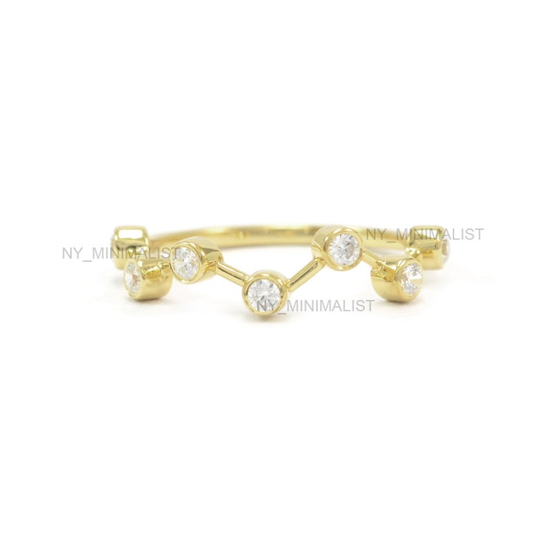 Real SI Clarity G-H Color Diamond Station Ring Solid 14K Yellow Gold Heartbeat Wave Ring Handmade Minimalist Jewelry Special Gift