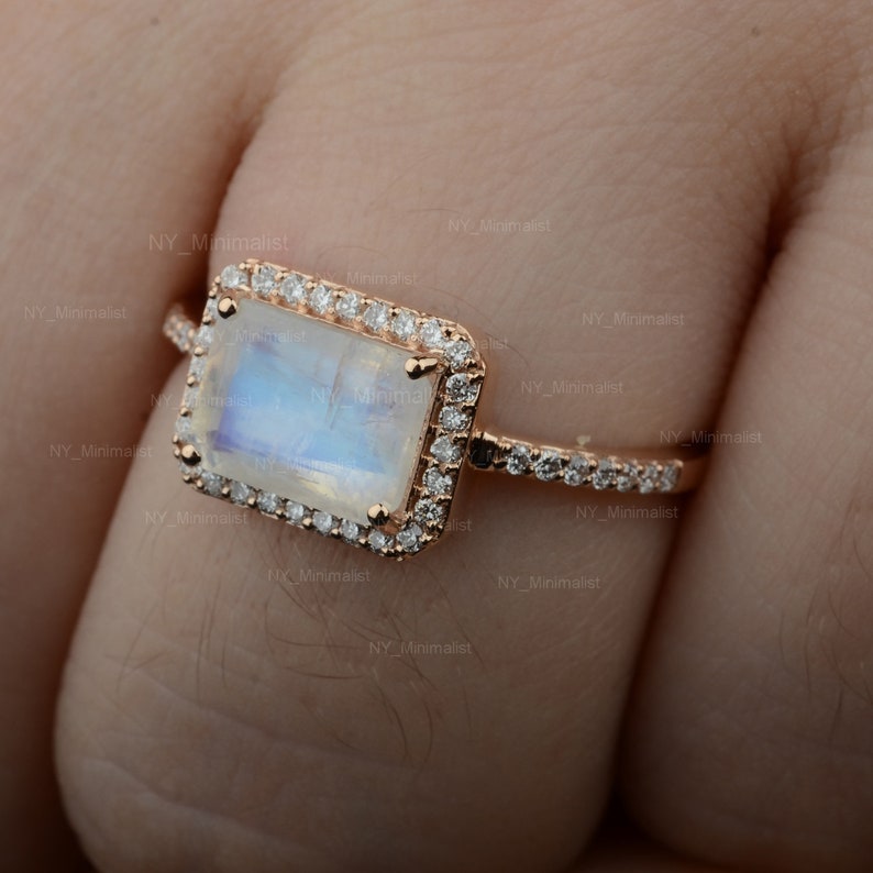Solitaire Moonstone Gemstone Diamond Cluster Wedding Band Ring Solid 14K Yellow Gold Handmade Jewelry Ready to Ship in Size 5 12 US