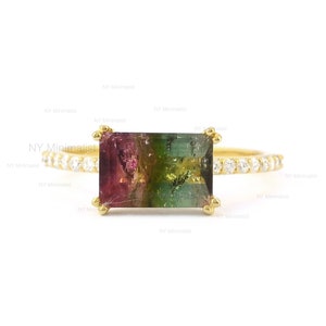 BI-Color Watermelon Tourmaline Gemstone SI Clarity G-H Diamond Ring, Solitaire Ring, Engagement Ring, 14K Solid Yellow Gold Wedding Ring