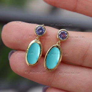 Oval Shape Natural Sleeping Beauty Arizona Turquoise & Amethyst Gemstone Dangle Drop Earrings Solid 14K Yellow Gold Minimalist Jewelry Gift