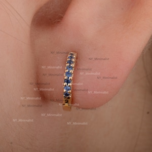 14K Yellow Gold Blue Sapphire Huggie Hoop Earrings: Minimalist Dainty Jewelry