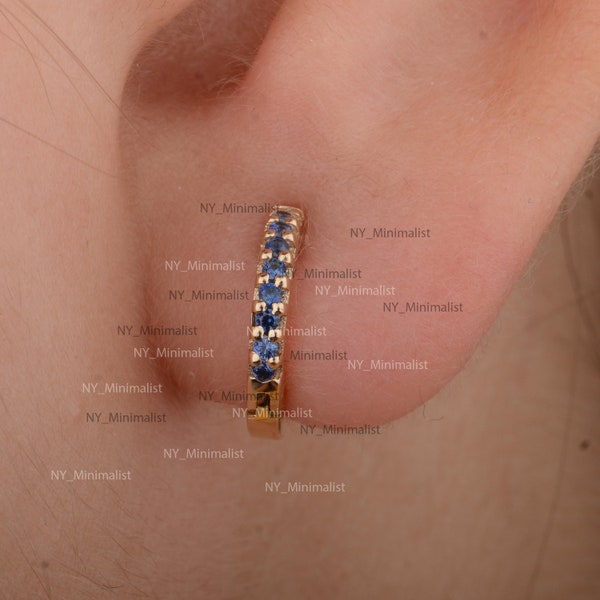 Huggie Hoop Earrings Solid 14K Yellow Gold Natural 0.14 Ct Blue Sapphire Gemstone Minimalist Jewelry | Dainty Earrings | Everyday Pair Hoop