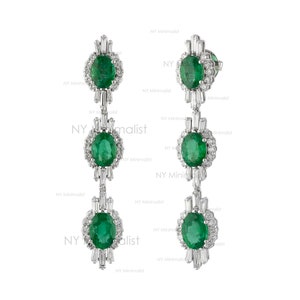 Natural Oval Shape Emerald Earrings/ Emerald Diamond Halo Earrings/ Baguette Diamond Dangle Earrings/ Solid 18K White Gold Jewelry Certified