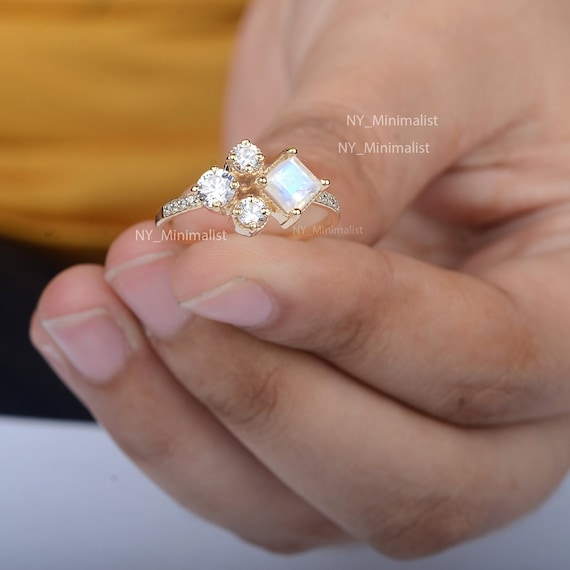 14K Yellow Gold Rainbow Moonstone Diamond Cluster Ring - Handmade