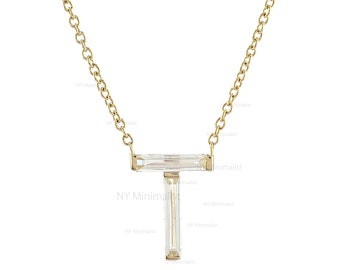 Baguette Diamond Initial Necklace Solid 18K Yellow Gold Genuine Diamonds Personalized Letter Necklace Certified Jewelry Mother Gift