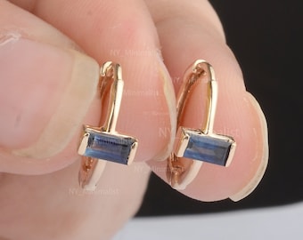 Genuine 0.12 Ct. Baguette Blue Sapphire Huggie Hoop Earrings Solid 14K Yellow Gold Minimalist Delicate Earrings Jewelry Birthday Gift Ideas