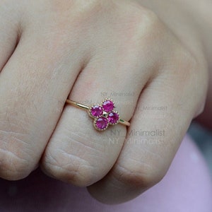 Genuine Ruby Ring/ Floral Design Clover Ring/ Solid 14K Yellow Gold Ruby Ring/ Minimalist Fine Jewelry/ July Birthstone Ring/ Christmas Gift