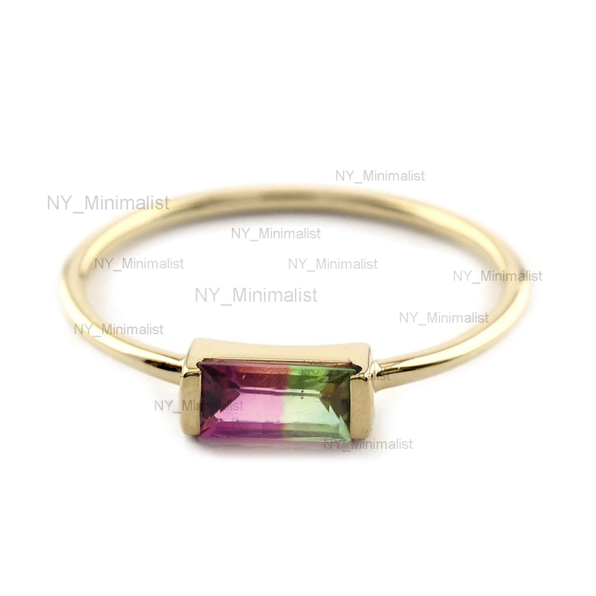 Genuine Baguette Shape Watermelon Tourmaline Gemstone Solid 14K Yellow Gold Stackable Ring Handmade Minimalist Dainty Wedding Jewelry Gift