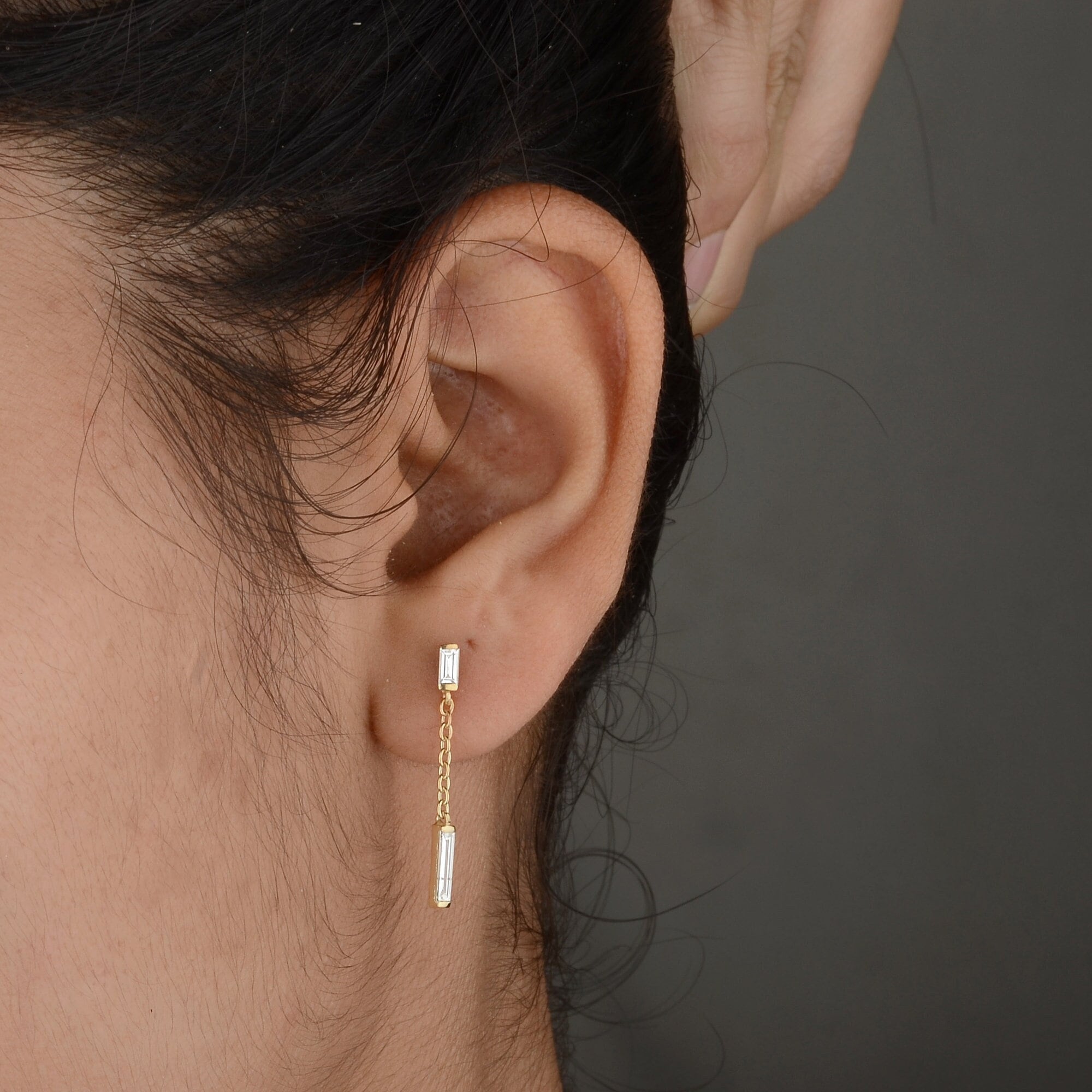Genuine Baguette Diamond Earrings/ Solid 14K Yellow Gold