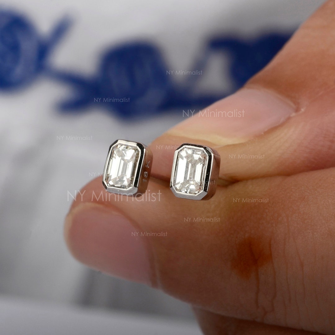 Emerald Cut Diamond Stud Earrings: 14K White Gold Solitaire - Etsy