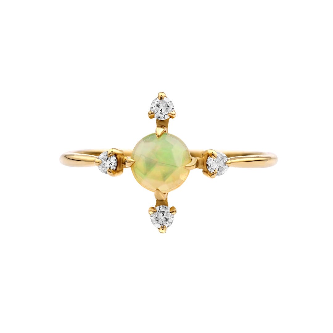 14K Gold Genuine Round Opal and Diamond Ring October Birthstone - Etsy