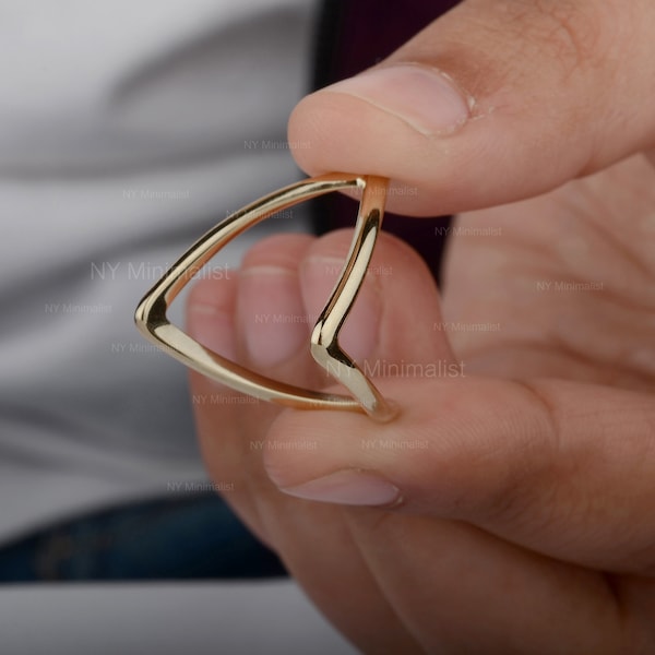 Magician's Wishbone Ring Solid 14K Yellow Gold Plain Chevron Band Ring Handmade Fine Minimalist Good Luck Stackable Ring