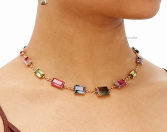 Genuine 24.51 Ct. Watermelon Tourmaline Gemstone Delicate Choker Necklace Solid 18K Rose Gold Handmade Necklace Bridesmaid Gift