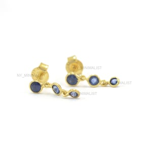 Blue Sapphire Dangle Earrings: 14K Yellow Gold Trio Studs