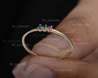 14K Gold Trio Gemstone Ring: Sapphire, Emerald, Ruby Birthstone