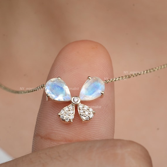 Butterfly Moonstone Diamond Pendant: 14k Gold Handmade Necklace