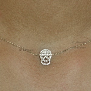 Skull Pendant Necklace Solid 14K  White Gold Genuine 0.33 Ct.  SI Clarity G-H Color Diamond Handmade Minimalist Halloween Jewelry Gift