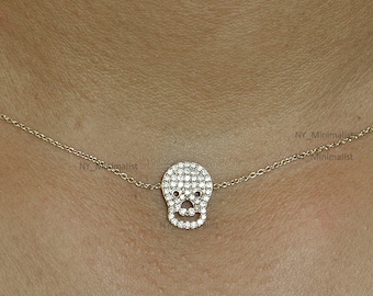 14K White Gold Diamond Skull Pendant Necklace: Handmade Halloween Jewelry