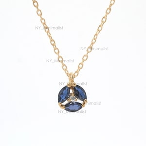 14k Gold Marquise Blue Sapphire Necklace: SI Diamond Solitaire Pendant