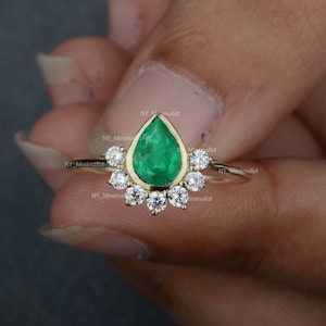 Emerald Gemstone Diamond Eternity Band Ring Solid 14K Yellow/ Rose/ White Gold Genuine 0.75 Ct. Pear Shape Handmade Fine Wedding Jewelry