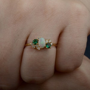 Emerald & Opal Ring: 14K Gold Cluster Anniversary Jewelry