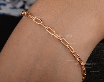 14K Solid Gold Paperclip Chain Bracelet: Rectangle Link Stackable Bracelet