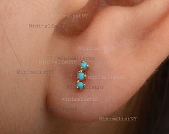 Real 0.2 Ct Sleeping Beauty Arizona Turquoise Gemstone Handmade Mini Bar Stud Earrings 14k Yellow Gold Minimalist Fine Jewelry Gift For Her