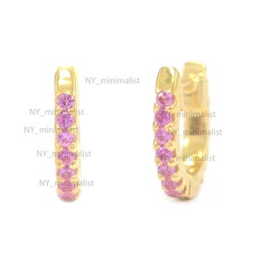 14K Solid Gelb Gold Rosa Saphir Huggie Creolen Ohrringe