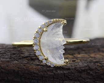 Moonstone Face Ring: 14K Gold Diamond Crescent Moon, Art Deco Jewelry
