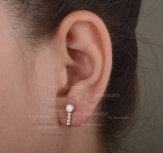 Genuine 0.27 Ct. SI Clarity G H Color Diamond J shape Mini Bar Stud Hoop Huggie Earrings Solid 14K Yellow Gold Jewelry Thanksgiving Gift Etsy
