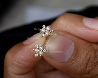 Solid 14K Yellow/ Rose/ White Gold Genuine 0.28 Ct. Freshwater Pearl and Diamond Floral Design Stud Earrings Handmade Fine Jewelry Gift