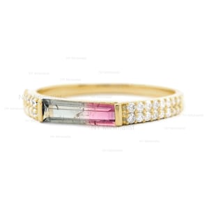 Watermelon Tourmaline Diamond Ring: 14K Yellow Gold Wedding Band