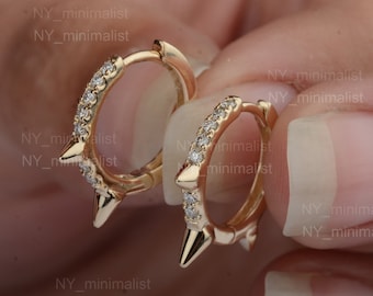 Trio Spikes Huggie Hoop Earrings Genuine 0.17 Ct. SI Clarity G-H Color Diamond Solid 14K Yellow Gold Handmade Minimalist Everyday Earrings