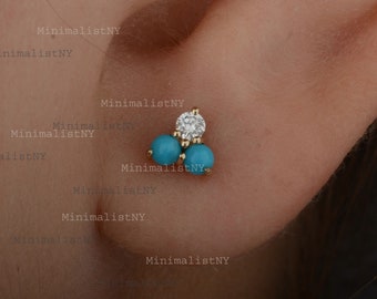 Trio Stud Earrings In 14K Solid Gold/ Genuine Turquoise and Diamond Studs/ Tiny Triangle Stud Earrings by NY Minimalist/ Last Minute Gift