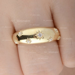 Natural Diamond Solid 14K Yellow Gold Star Dome Ring Handmade FIne Bold Statement Dome Ring Fine Delicate Jewelry Gift For Her