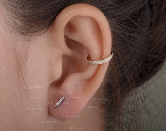 Three Diamond Bar Stud Earrings Solid 14K Yellow Gold