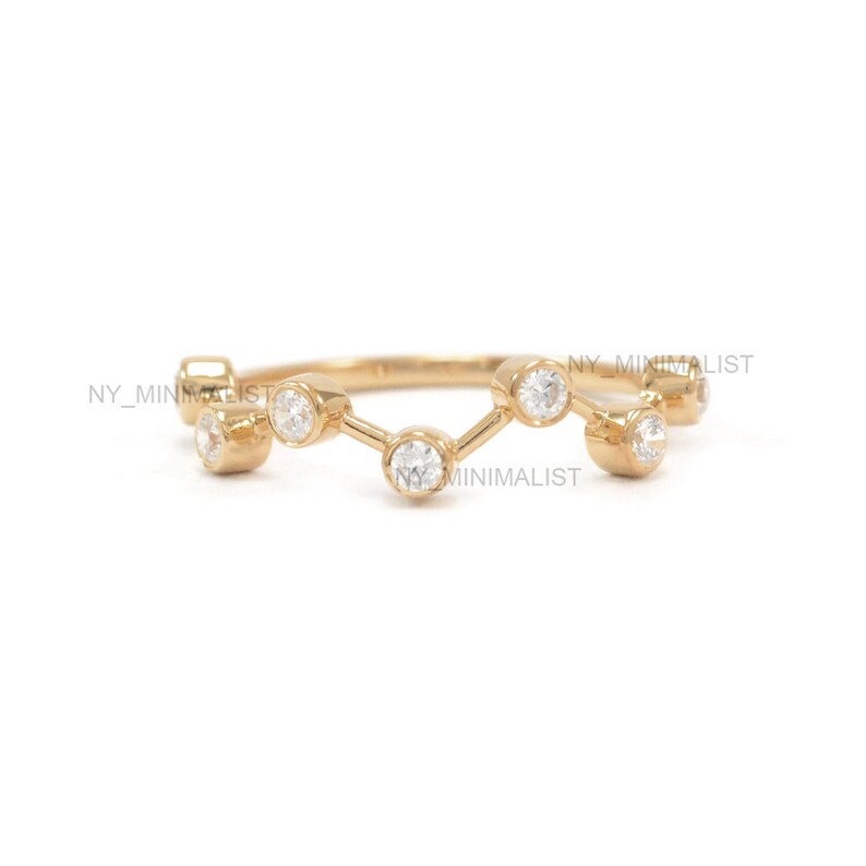 Real SI Clarity G-H Color Diamond Station Ring Solid 14K Yellow Gold Heartbeat Wave Ring Handmade Minimalist Jewelry Special Gift