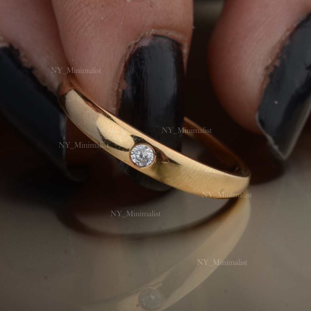 14K Gold Diamond Solitaire Ring: Simple Dome Wedding Band - Etsy