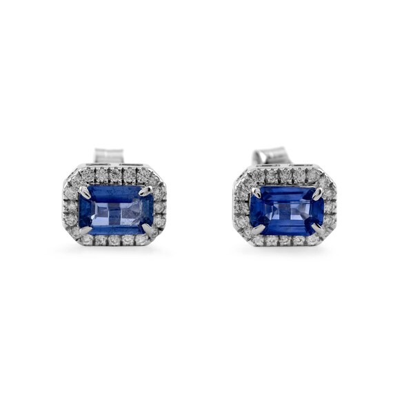 Emerald Cut Blue Sapphire Earrings: Diamond Halo, 14K White Gold